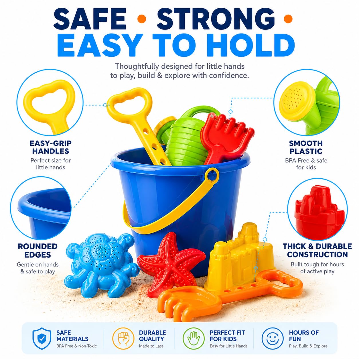 Click N' Play Beach Toys for Kids 3-10 - 18pc Sand Toys Including Sand Buckets for Kids with Sifter, Watering Can, Rake, 4 Hand Tools, 10 Sand Molds