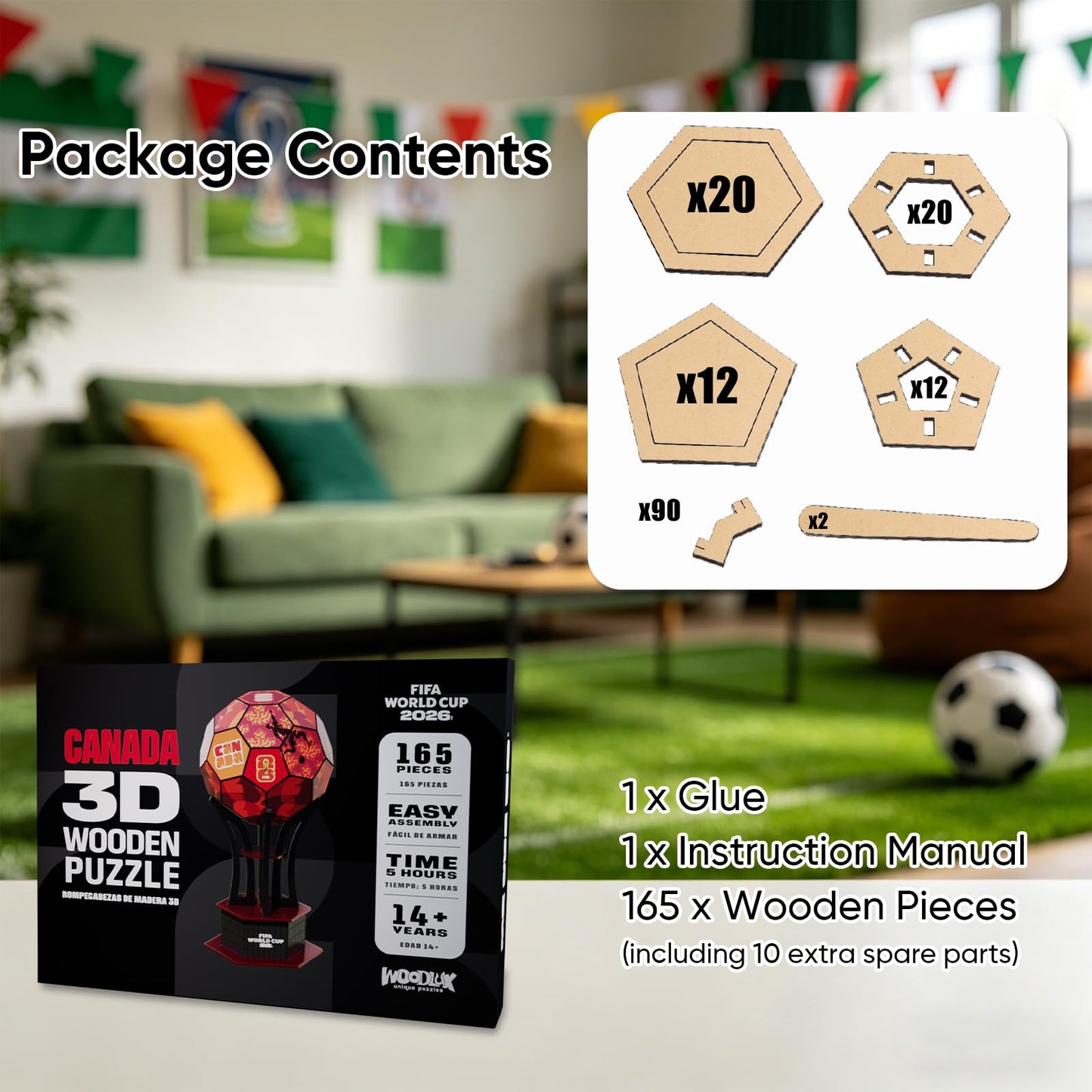 Officially Licensed FIFA World Cup 2026 3D Wooden Soccer Ball Puzzle, 165-Piece DIY Assembly Model Kit, Soccer Collectible Desk Decor for Home Office