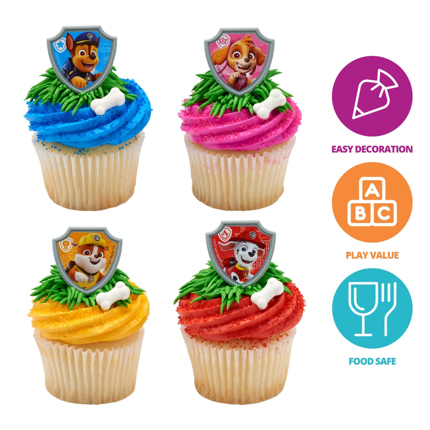 DecoPac Paw Patrol Reporting For Duty Rings, Cupcake Decorations Featuring Chase, Marshall, Skye, And Rubble - 24 Pack
