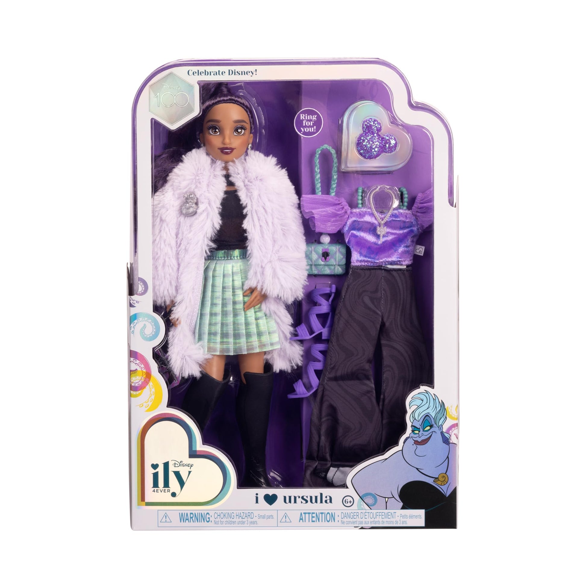Disney ily 4EVER Dolls Disney 100 - Ursula 11.5" Tall with 13 Points of Articulation, Two Complete Mix-and-Match Outfits and Glittery Mickey Ring for