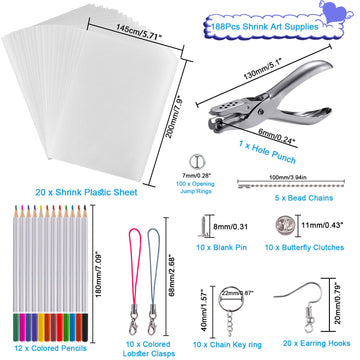 chfine Heat Shrink Plastic Sheets Keychain Kit, 188Pcs Shrinky Dink Sheets Shrinky Dink Paper Shrink Art Kits Including 20Pcs Shrink Paper Sheets