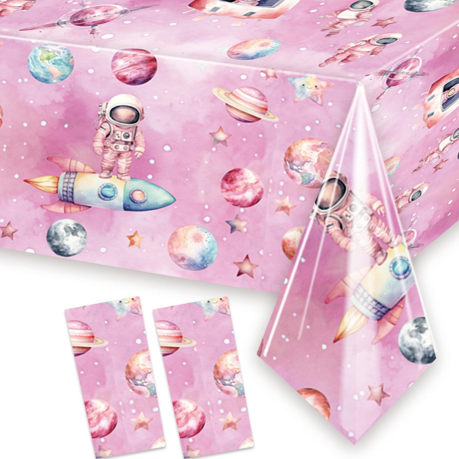 2 Pcs Outer Space Girls Birthday Party Tablecloth 54'' x 108'' Space Table Covers for Astronauts Theme Girls Baby Shower 1st 2nd 3rd 4th 5th Birthday