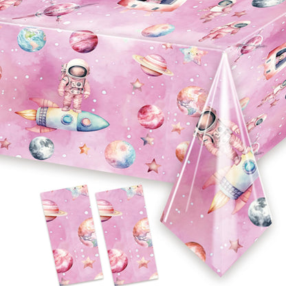 2 Pcs Outer Space Girls Birthday Party Tablecloth 54'' x 108'' Space Table Covers for Astronauts Theme Girls Baby Shower 1st 2nd 3rd 4th 5th Birthday