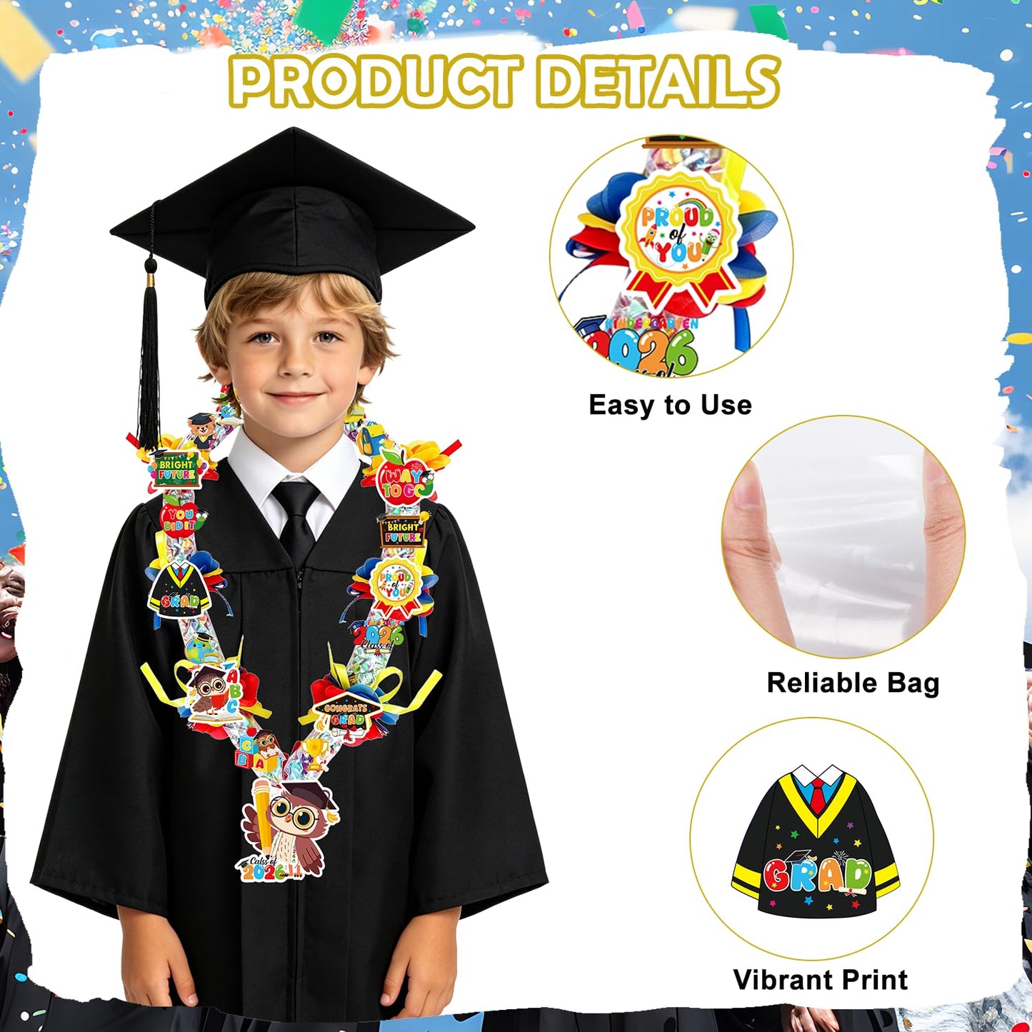 Silkovahamd Kindergarten Graduation Leis 2026 - Candy Lei Making Kit, 6 Clear Candy Tubing Bags 18 Paper Cards 3 Ribbon Rolls 6 Pack Stickers 48