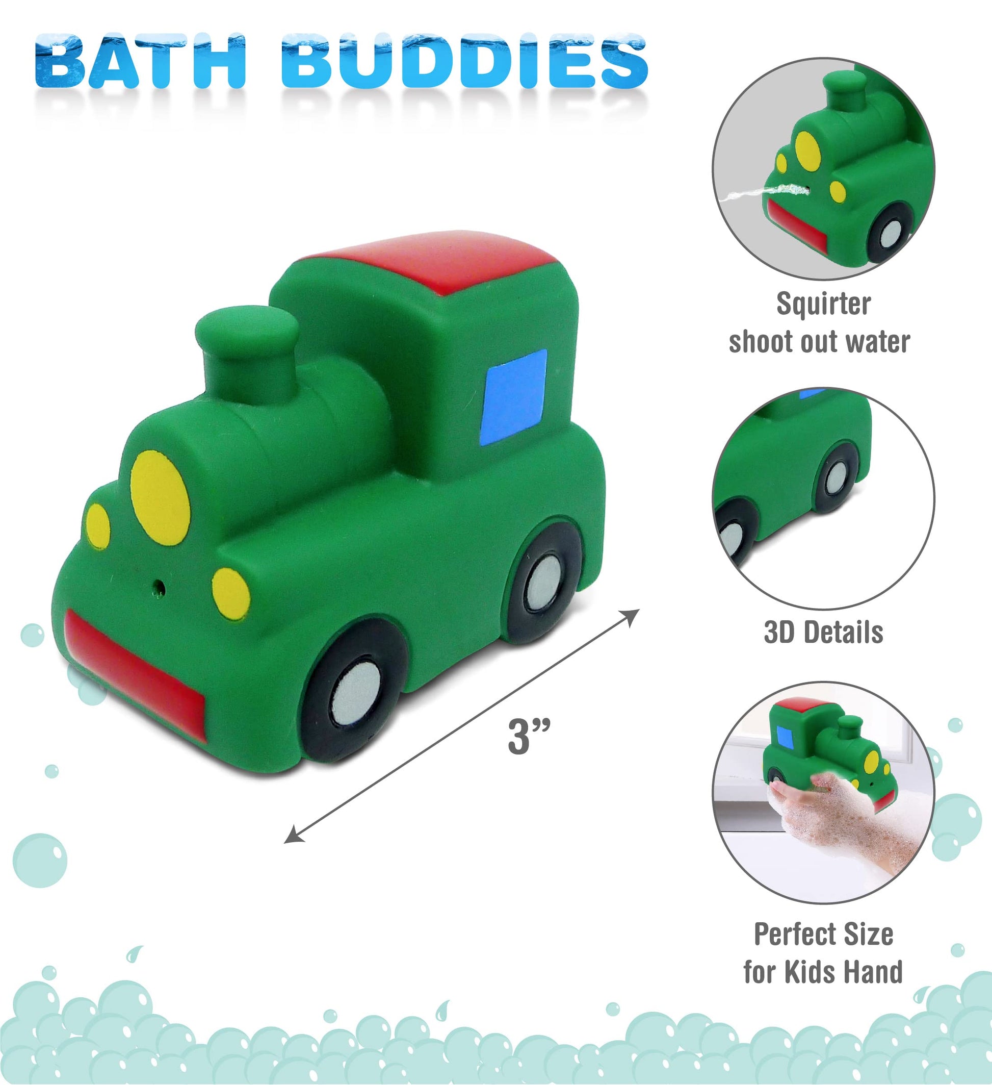 DolliBu Train Buddy Squirter Bath Toy - Floating Rubber Green Bath Time Toy Train for Toddlers, Fun Bath Toys for Bathtub, Pool, and Beach, Toddler