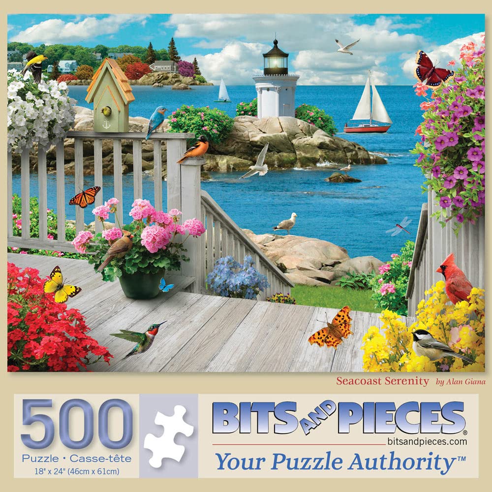 Bits and Pieces - 500 Piece Jigsaw Puzzle for Adults - Seacoast Serenity - Ocean Boat Birds Summer Light House Flower Jigsaw Puzzle by Artist Alan