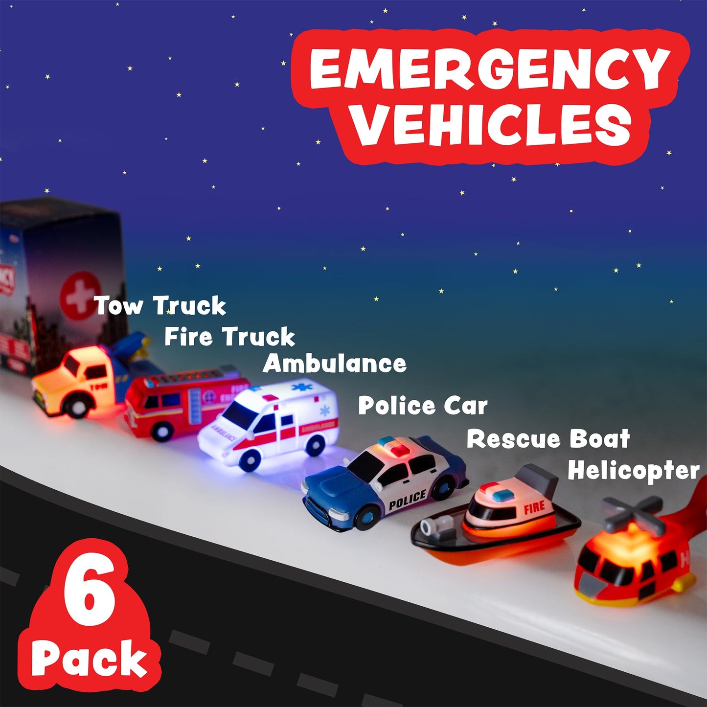 Tub Works® Emergency™ Cars Light Up Bath Toys, 6 Pack | Water-Activated Light Up Toys Flash & Change Color | Soft, Squeezable Baby & Toddler Bath Toys