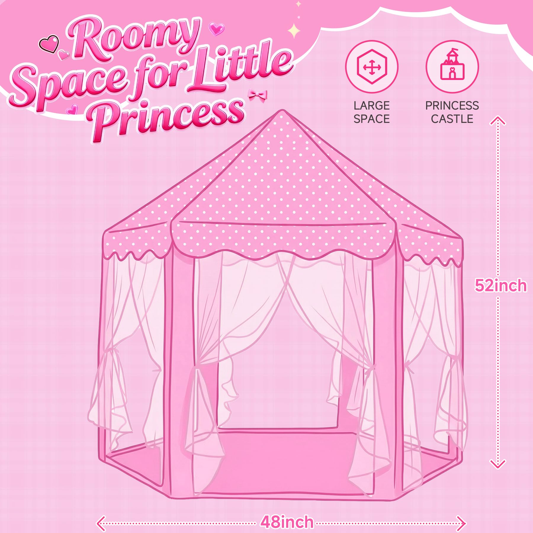 wilwolfer Princess Castle Play Tent for Girls Large Kids Play Tents Hexagon Playhouse with Star Lights Toys for Children Indoor Games (Pink)