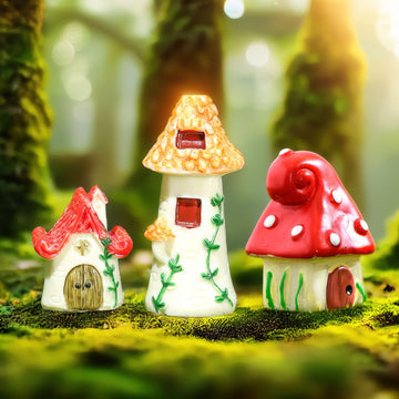 3pc Whimsical Cottage Set: Resin Fairy Tale Houses (Mushroom, Vine, Tower) for Fairy Garden, Bonsai, Dollhouse, Terrarium Decor (Adult Collector)