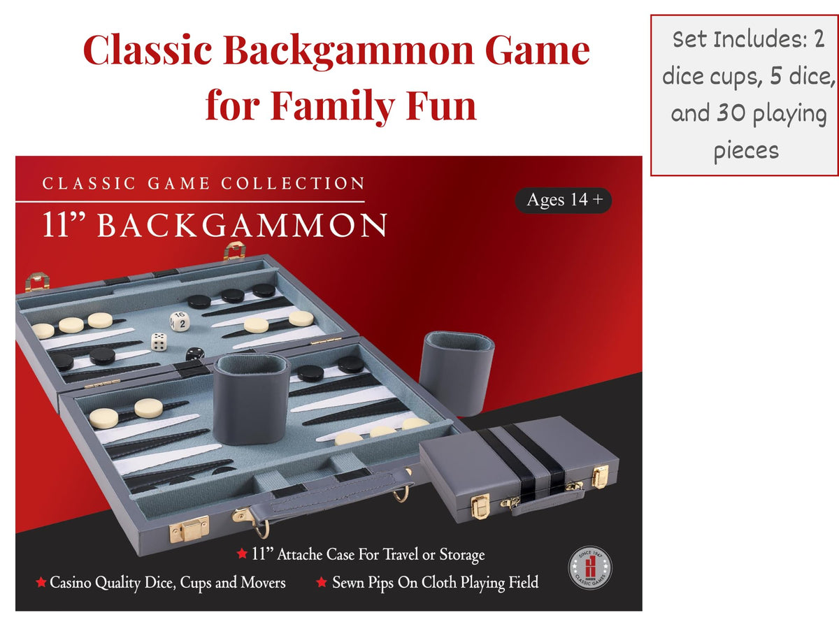 Hansen Classic Games - 11" Backgammon Attache Case - Includes Pips, Dice, Doubling Dice, and Dice Cups - 038011
