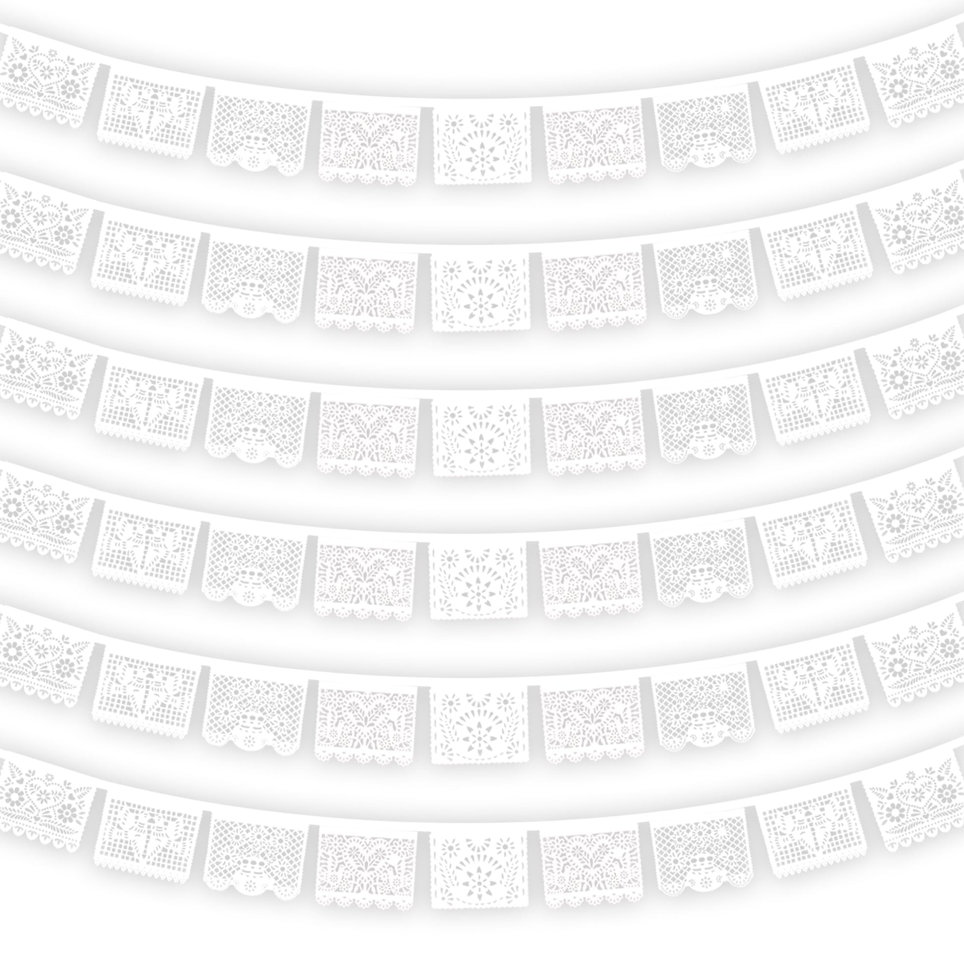 White Papel Picado Banner - 6 Packs 108Ft Plastic Mexican Wedding Decor, Fiesta Party Decorations for Cinco de Mayo, Baby Shower, Dia de Los Muertos