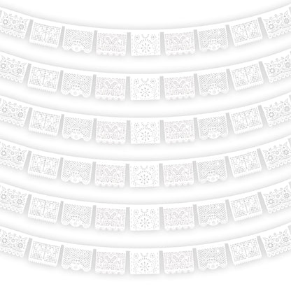 White Papel Picado Banner - 6 Packs 108Ft Plastic Mexican Wedding Decor, Fiesta Party Decorations for Cinco de Mayo, Baby Shower, Dia de Los Muertos
