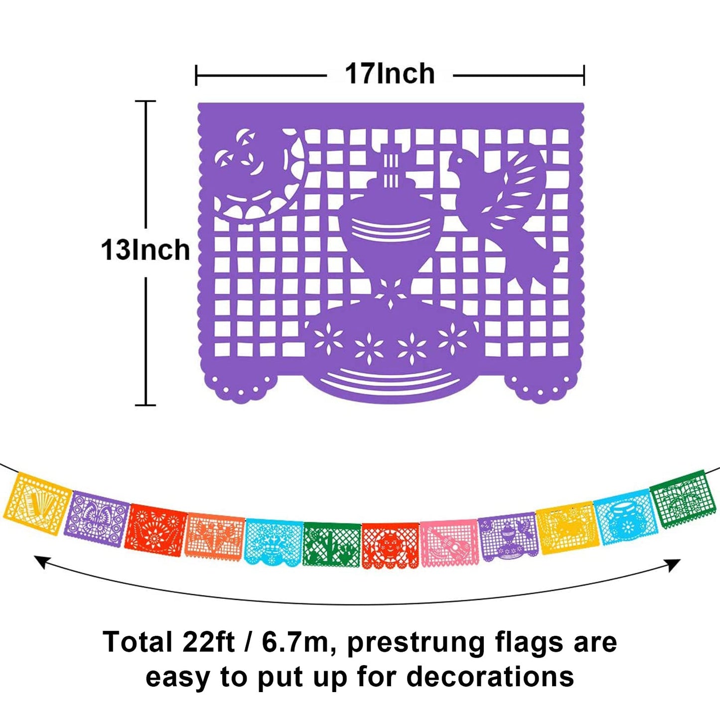 6-Pack Mexican Papel Picado Banner - 132Ft (22Ft x 6) Fiesta Party Decorations & Cinco de Mayo Supplies - 12 Patterns Waterproof Plastic Indoor