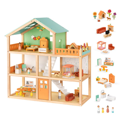 OOOK Large Wooden Dollhouse with 42 Pcs Luxurious Furniture Accessories, 3-Story Doll House 6 Rooms Balcony Wooden Stairs, Ideal Modern Doll House