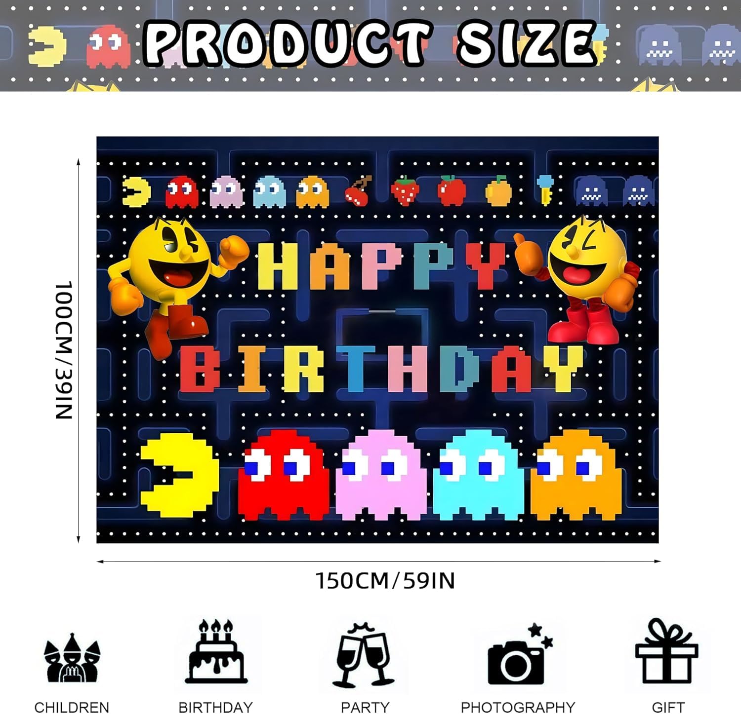 Pac Ghost Birthday Party Decoration, Include Game Party Backdrop 5 x 3 FT, Latex Balloons, Cake Topper for Pacman Theme Kids Fans Birthday Party