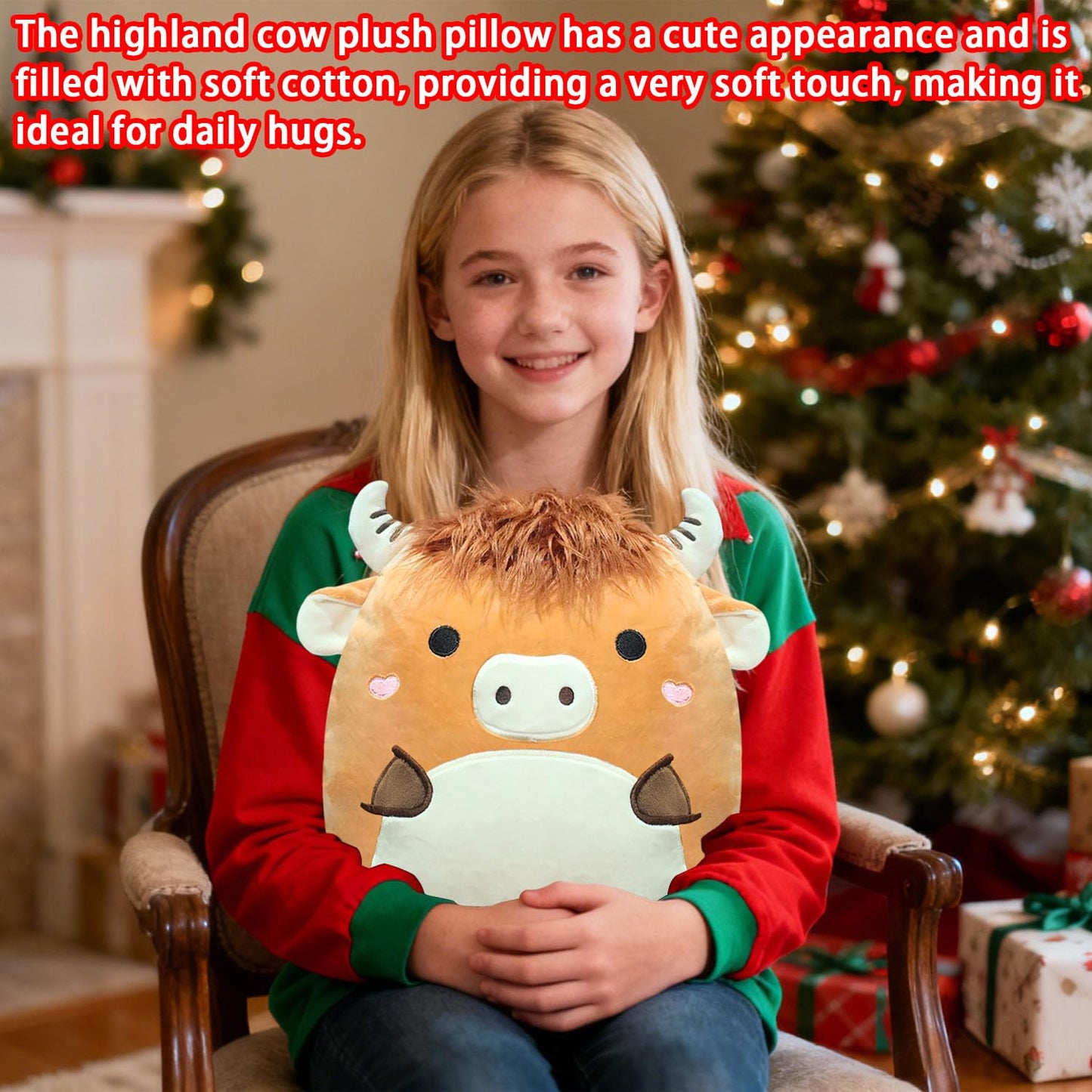 IAUUR 13-Inch Highland Cow Pillow Soft Cute Highland Cow Perfect Christmas Holiday Birthday Gifts