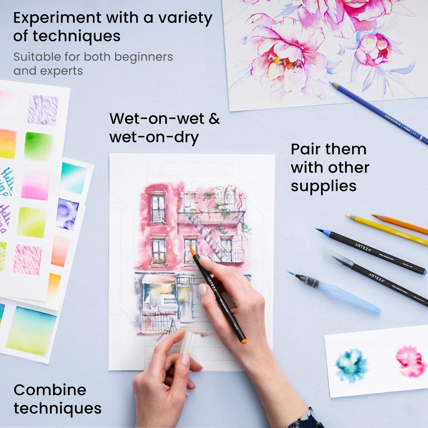 Arteza Watercolor Painting Art Set, Real Brush Pens 24 and Foldable Canvas Paper Bundle, DIY Kit Art Supplies for Artists & Hobby Painters