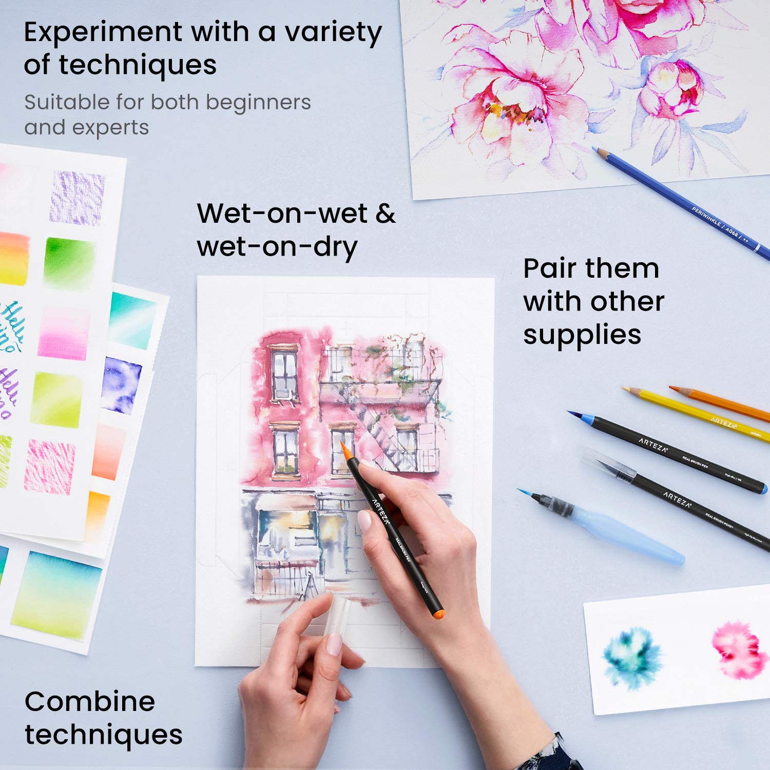 Arteza Watercolor Painting Art Set, Real Brush Pens 24 and Foldable Canvas Paper Bundle, DIY Kit Art Supplies for Artists & Hobby Painters