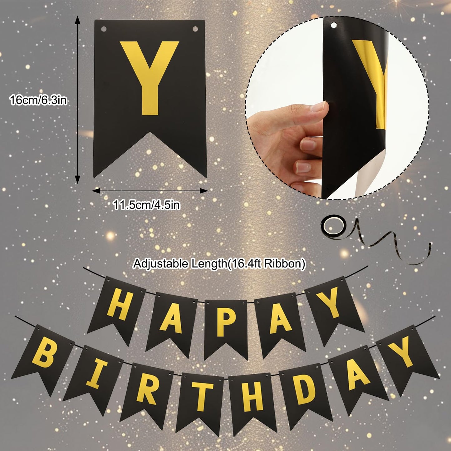 9 Pcs Happy Birthday Party Table Decorations, Black and Gold Party Decorations With Happy Birthday Banner for Girls Boys Women Men