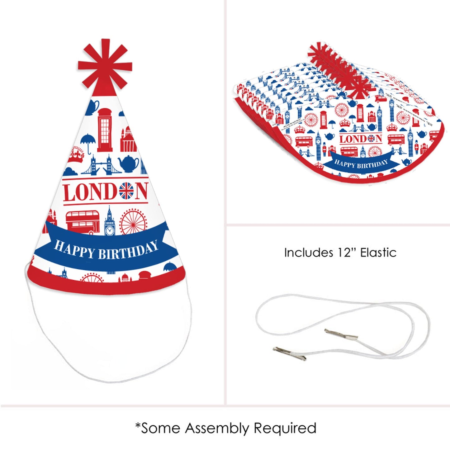 Big Dot of Happiness Cheerio, London - Cone Happy Birthday Party Hats for Kids and Adults - Set of 8 (Standard Size)