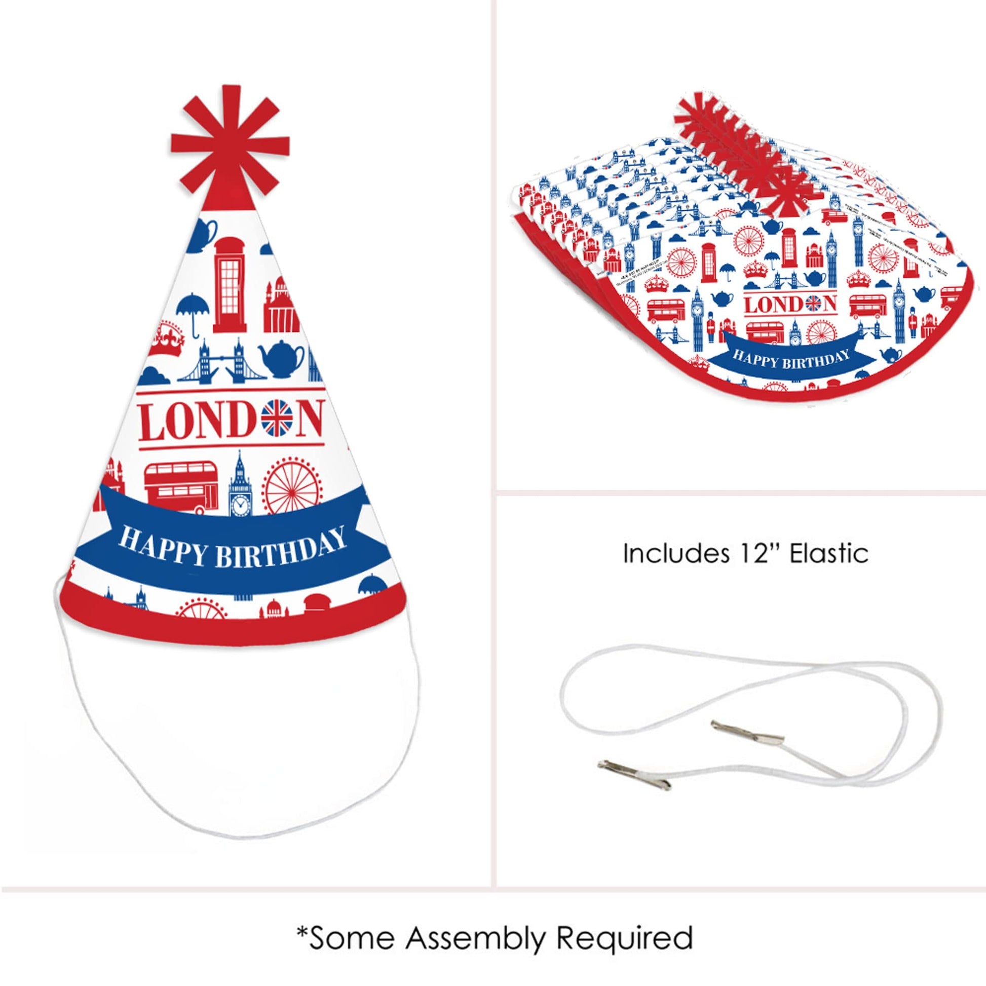 Big Dot of Happiness Cheerio, London - Cone Happy Birthday Party Hats for Kids and Adults - Set of 8 (Standard Size)