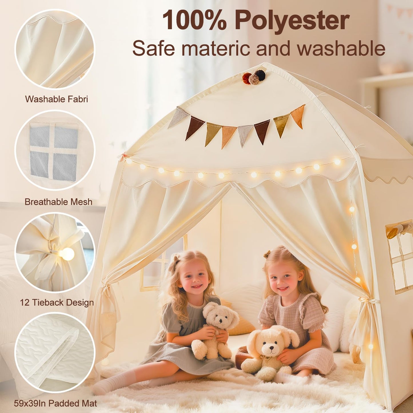 Large Kids Play Tent Indoor with Padded Mat Lights - 59x39x59in Teepee Playhouse with Flags Storage Bag - Cozy Reading Nook Nap Bed Tent - Birthday