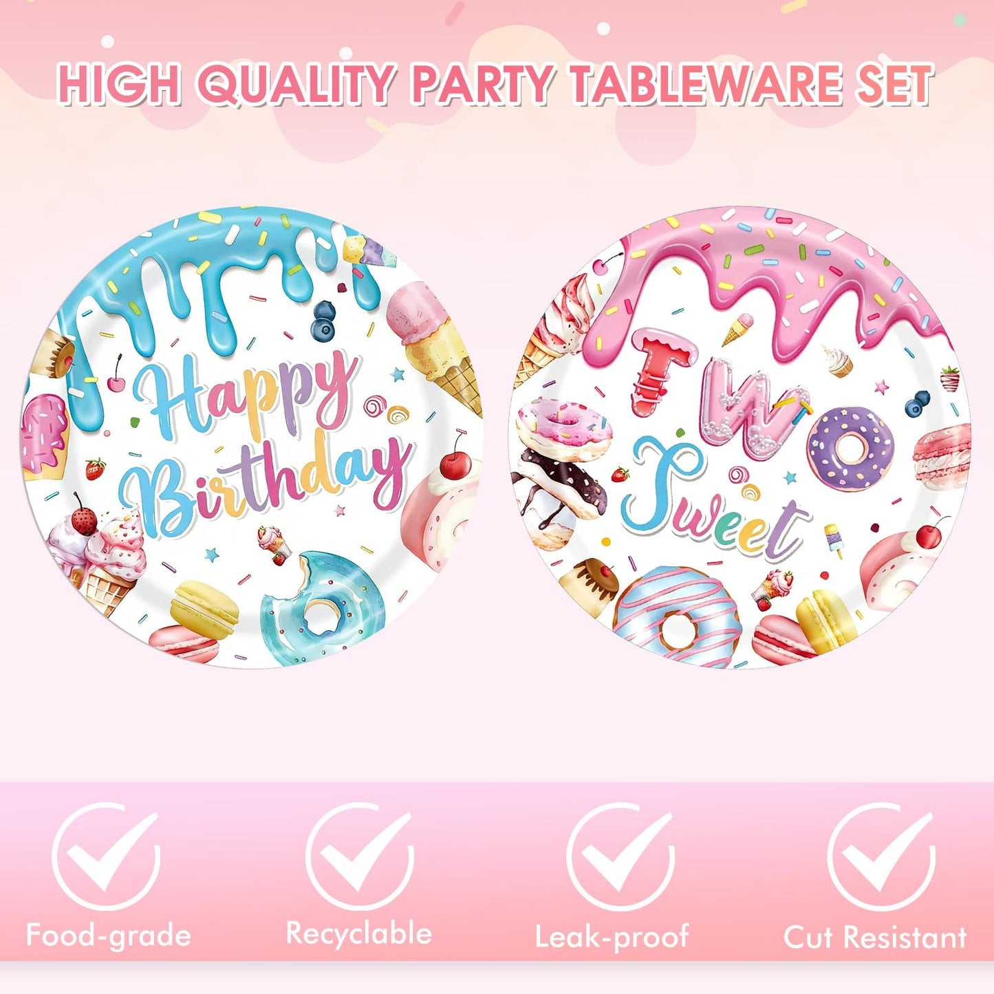 2nd Birthday Decorations for Girl,40PCS Two Sweet Birthday Decorations Includes Disposable Plates & Napkins,Girls 2 Year Old Sprinkle Donut Ice Cream