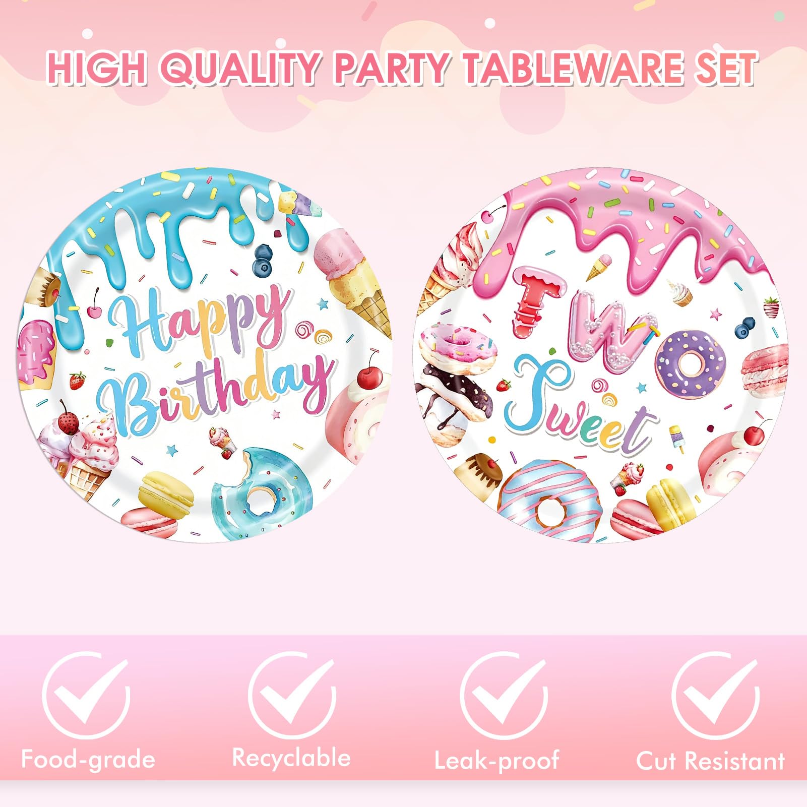 2nd Birthday Decorations for Girl,40PCS Two Sweet Birthday Decorations Includes Disposable Plates & Napkins,Girls 2 Year Old Sprinkle Donut Ice Cream