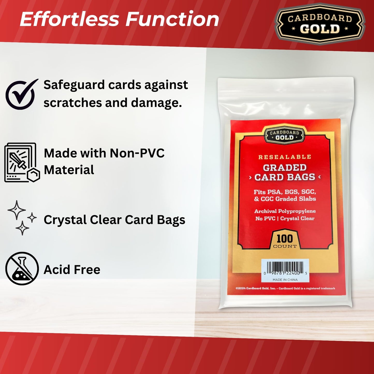 Cardboard Gold Graded Card Sleeve - Fits PSA, SGC, BGS, CGC Trading Cards - Slab Sleeves w/Adhesive Flap - Archival Safe, PVC-Free Protector Bags for