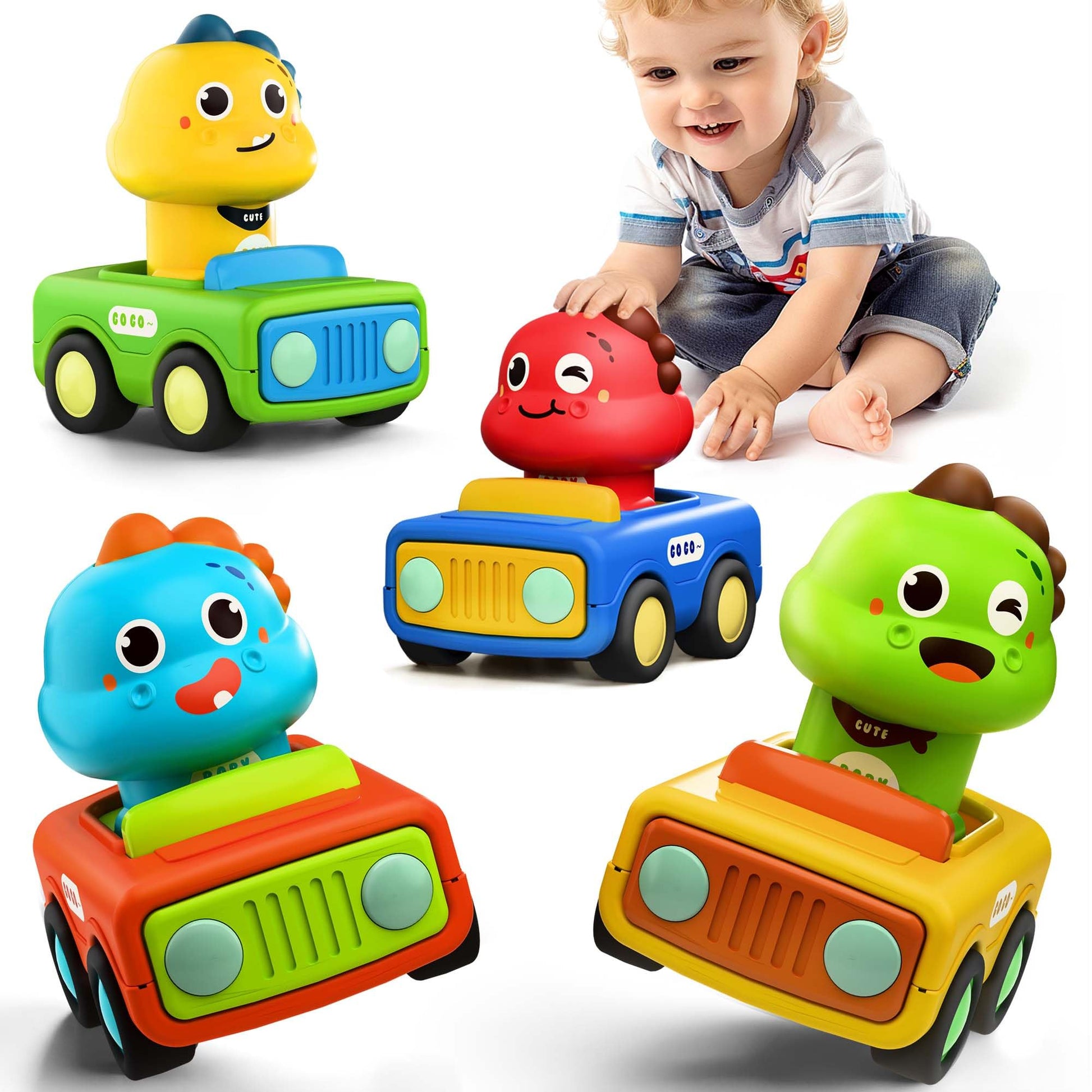 iPlay, iLearn Press Go Car Toys for Toddlers 1-3, Baby Animal Race Cars, Infant Play Car Set, Push Go Friction Dino Car for 6-9-12-18 Month, 1st