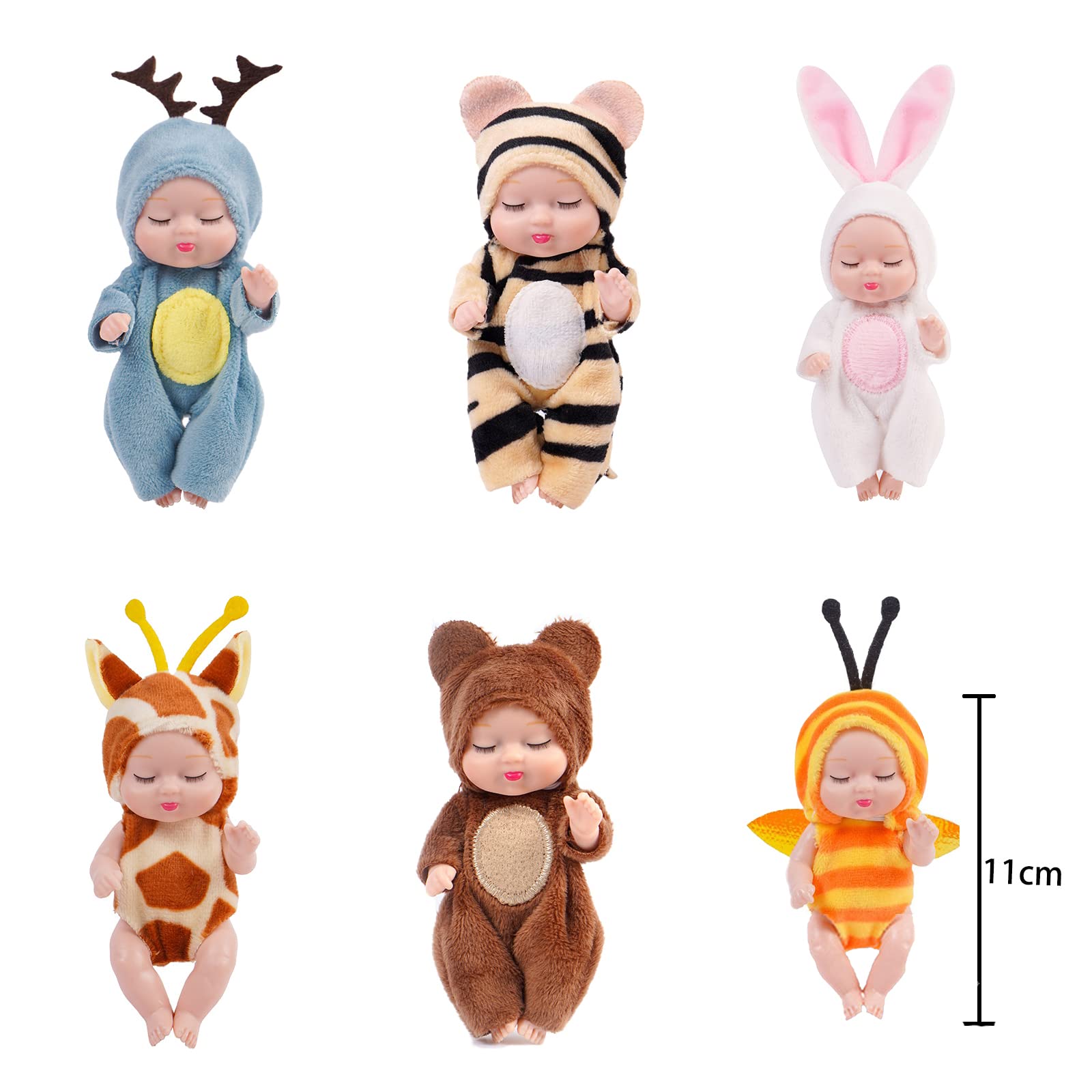 6 Pcs Mini Reborn Baby Dolls Set - 3.5 Inch Tiny Realistic Newborn Dolls with Animal Clothes, Hat & Toy Bottle, Washable PVC Doll for Dollhouse