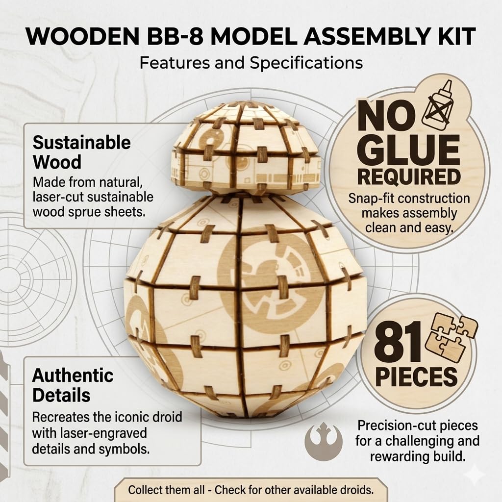 IncrediBuilds Star Wars BB-8 3D Wood Puzzle Model Kit (81 Pieces) - Build & Paint Your Own Droid, No Glue Required, Easy DIY STEM Craft for Kids