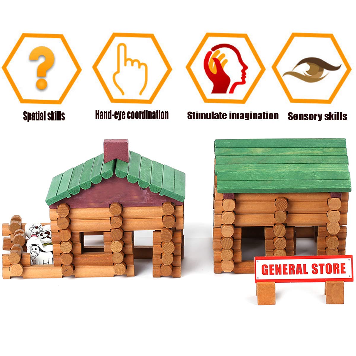 Joqutoys 170 PCS Classic Building Log Toys, Wood Logs Set Set for Boy, Creative Construction Educational Gift for Kids Ages 3+