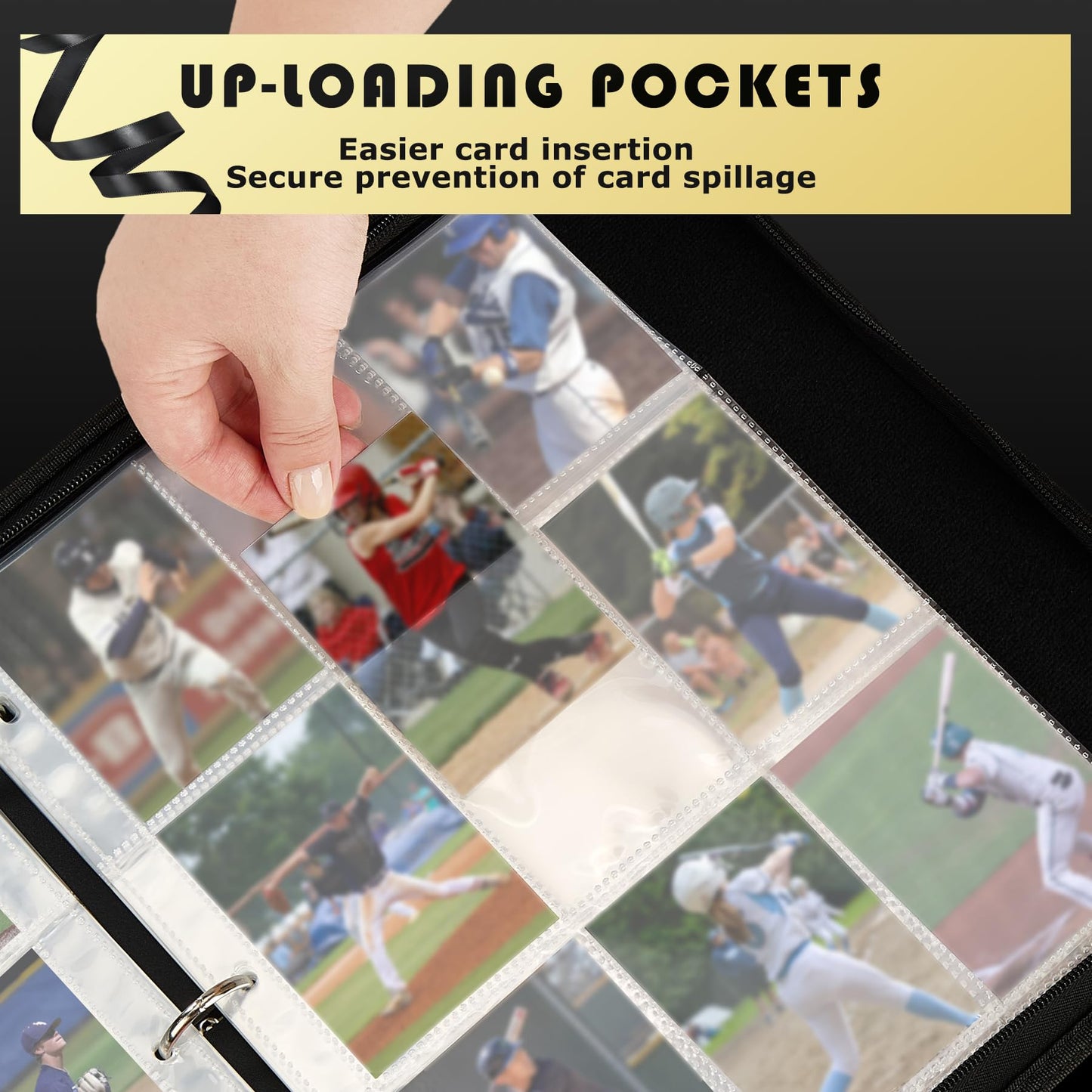 9-Pocket Trading Card Binder, PU Leather Zip Card Binder Album Holds 900 Cards for TCG, Sports Cards, Collectible Cards?BASEBALL PATTERN?