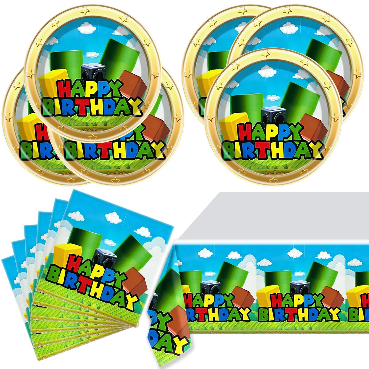 Super Bros Party Tableware, 20 Plates and 20 Napkins and Tablecloth71 '' x 42 ''Super Bros Birthday Party Decorate Supplies