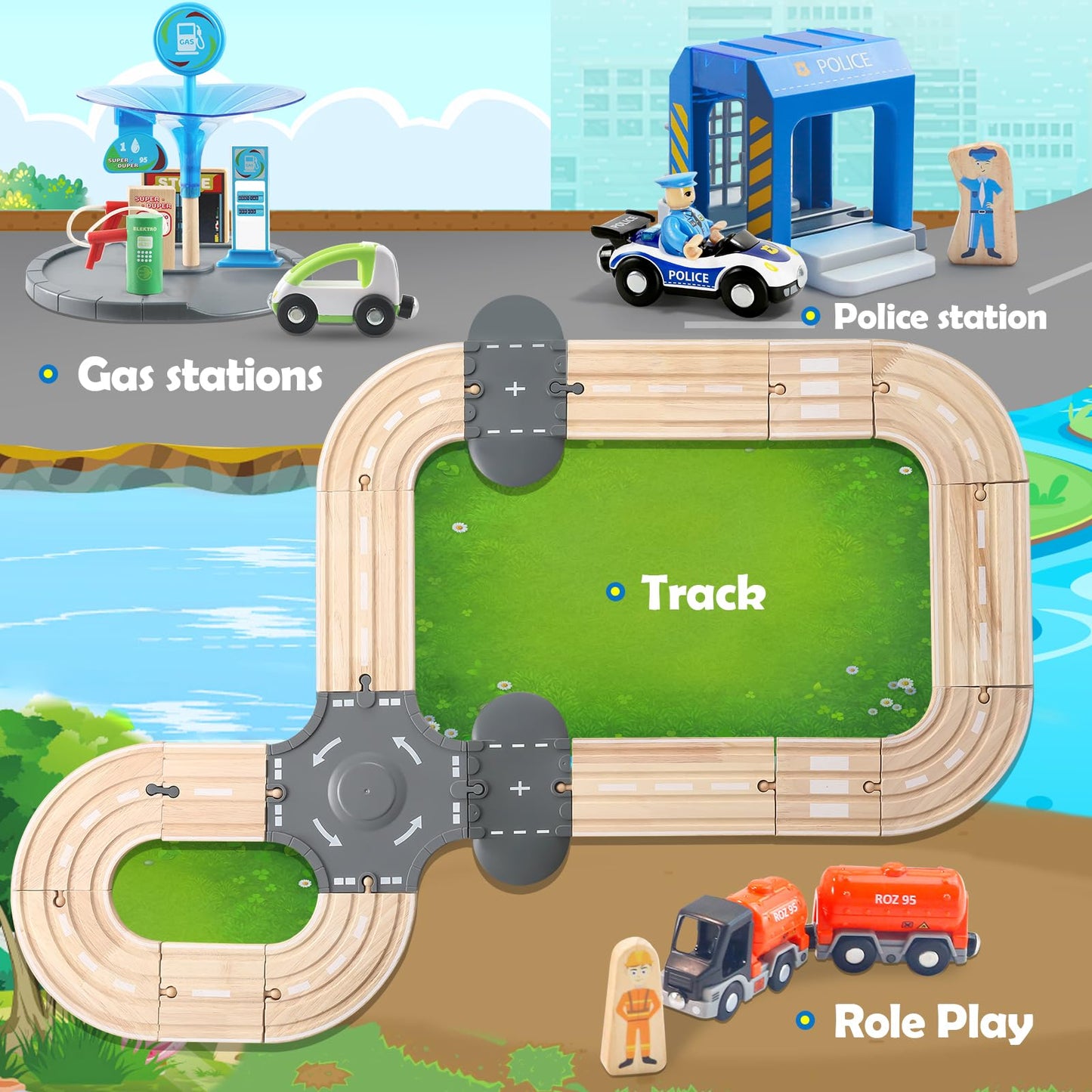 JugueteLand 59 Pcs Wooden Train Set for Toddlers, Toy Train with Track for Kids Ages 3-6, Deluxy Double Track City Police Station Railway Playset
