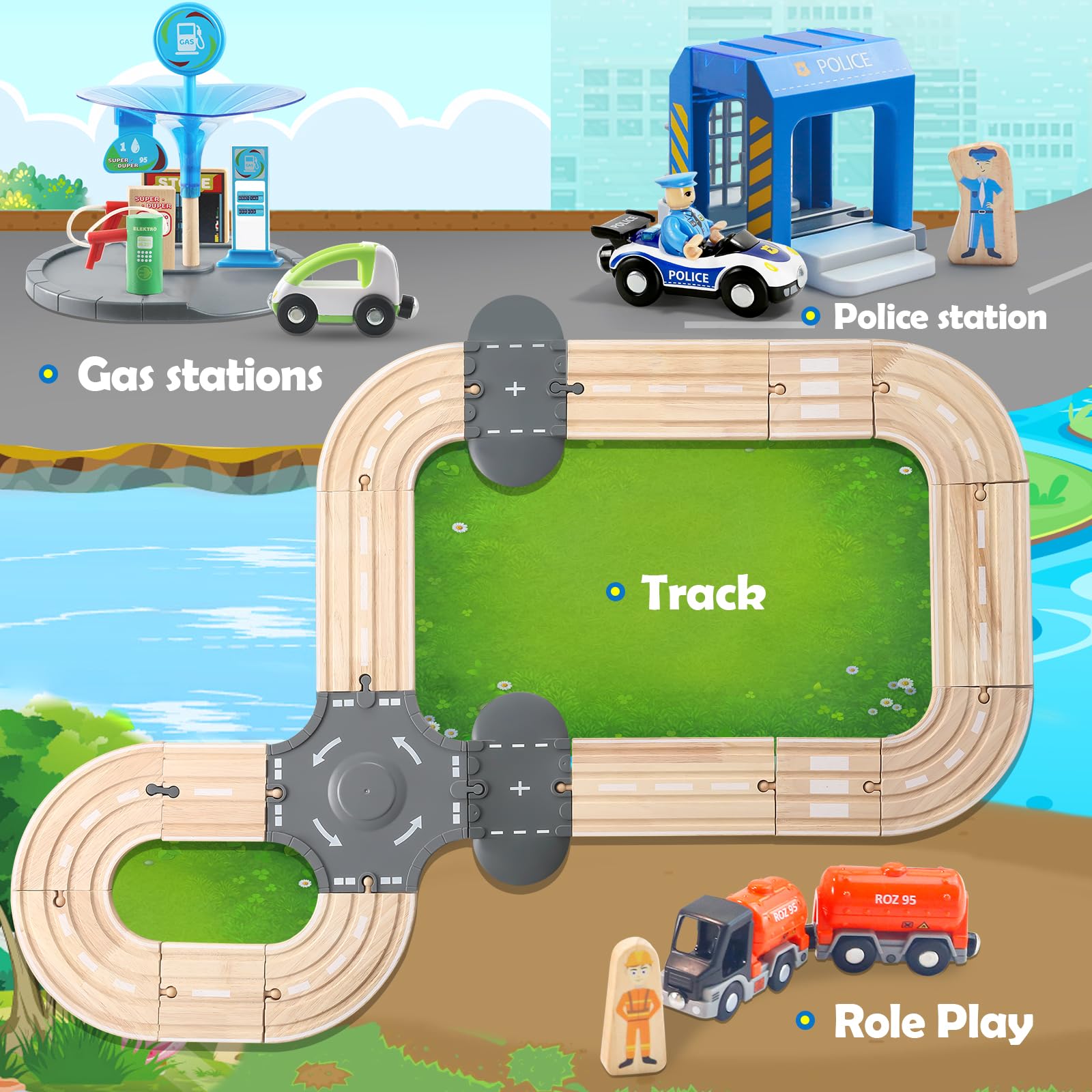 JugueteLand 59 Pcs Wooden Train Set for Toddlers, Toy Train with Track for Kids Ages 3-6, Deluxy Double Track City Police Station Railway Playset
