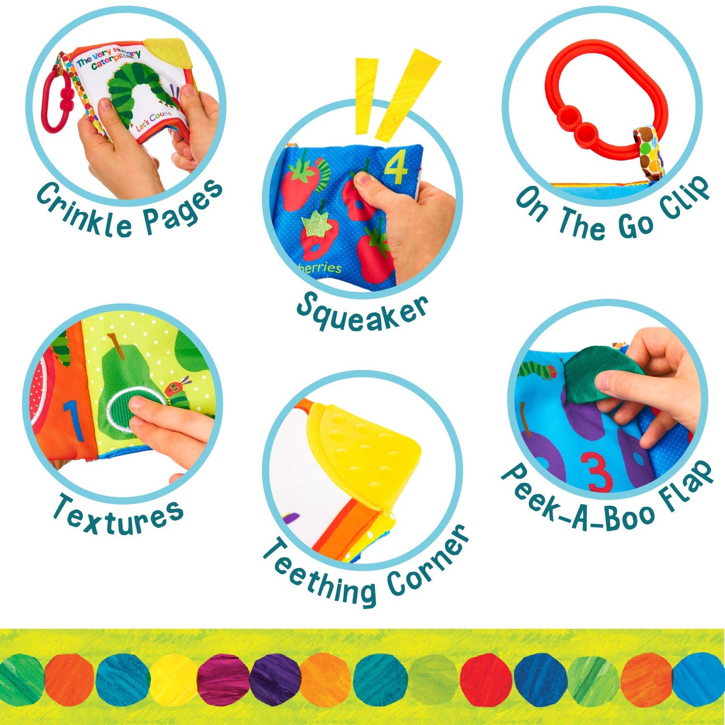 Let's Count Soft Book - World of Eric Carle the Very Hungry Caterpillar Baby on the Go Clip Teething Crinkle Soft Sensory Book for Babies, 5.25x5.25