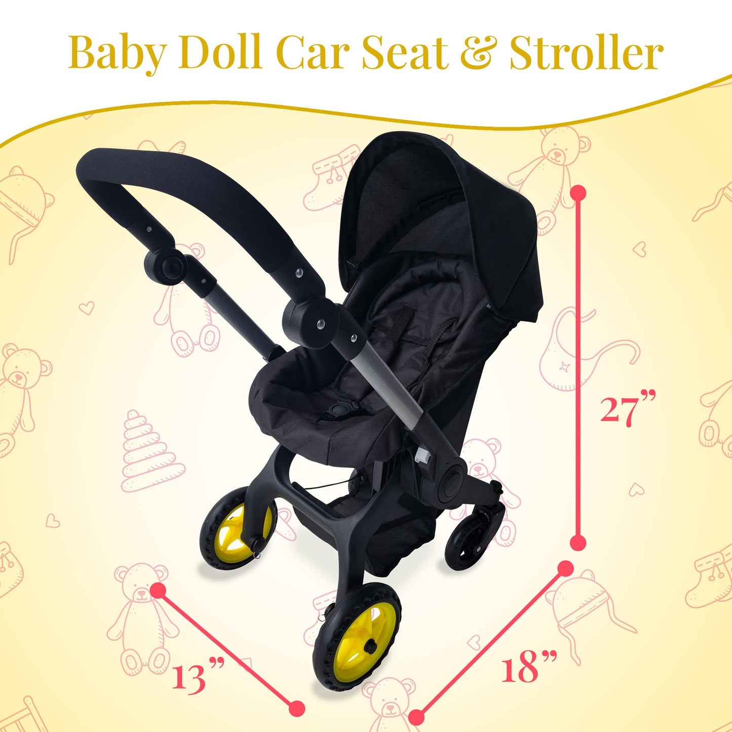 Baby Doll Car Seat Stroller Combo - Convertible 2 in 1 Doll Stroller and Car Seat for Kids - Fits Up to 20” Dolls - Play Toy Baby Stroller