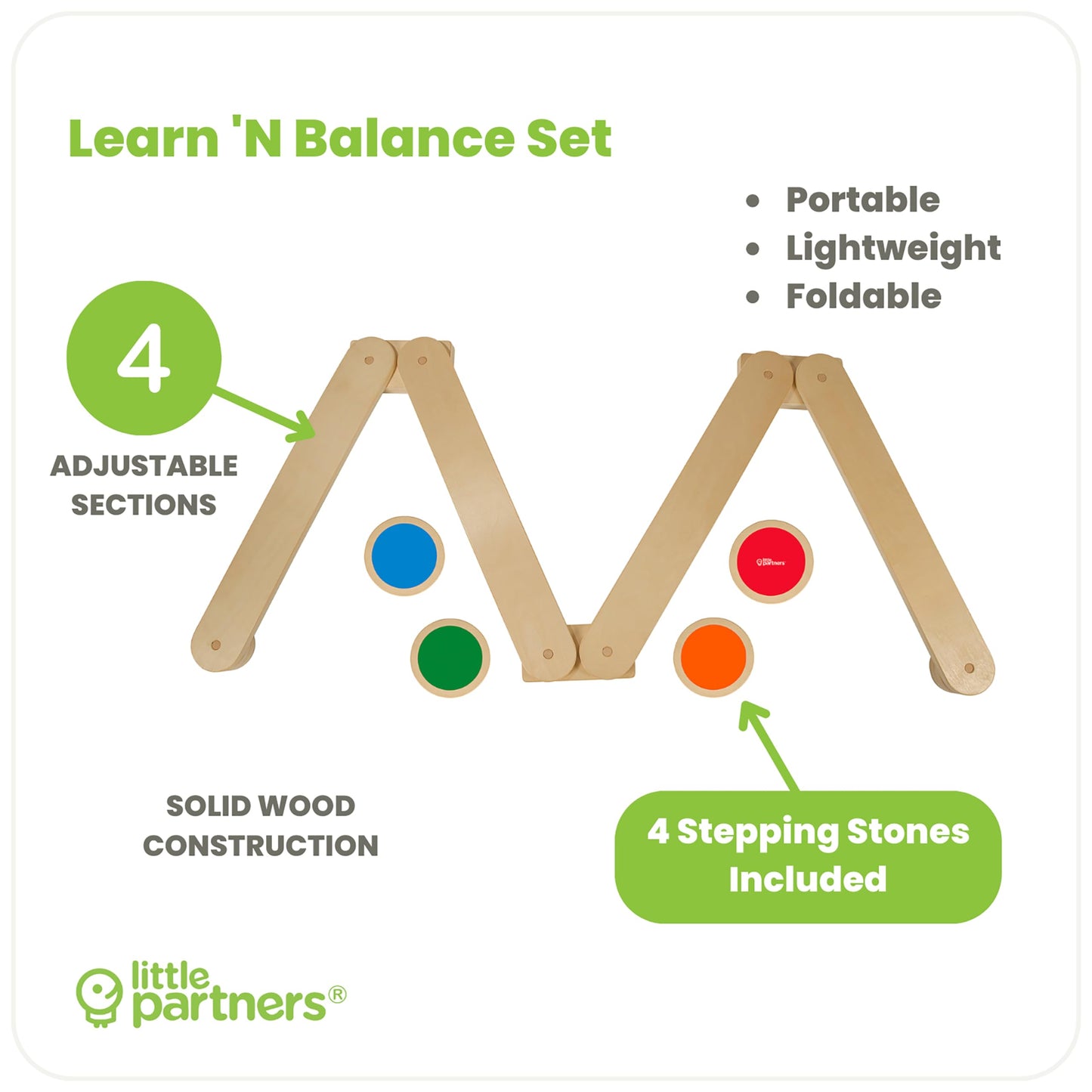 Little Partners Learn 'N Balance Toddler Balance Beam and Stepping Stones Set for Kids, Wooden Indoor Children's Activity Toy with 4 Colorful Stones