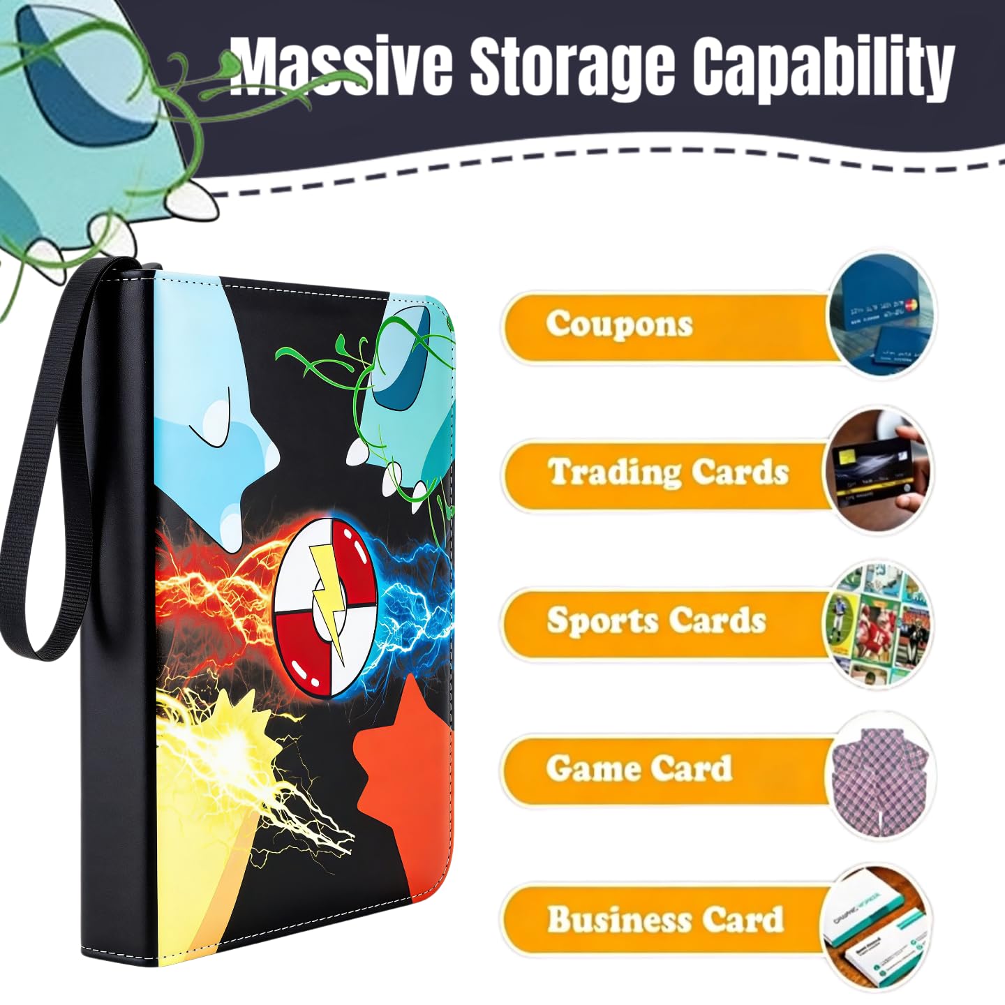 Card Binder 4 Pocket with Zipper, Trading Card Holder 50 Removable Sleeves - Holds 400 Cards, 3-Ring Album Case for Sports & Game Cards, Gift for Boys
