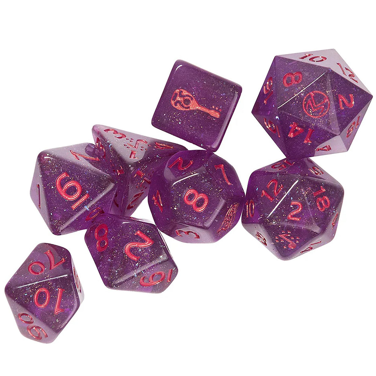 Critical Role: Vox Machina: Adventure Dice - Scanlan Shorthalt - 8pc RPG Set, Purple & Red, Character Symbols, Collectible Roleplaying Game Accessory
