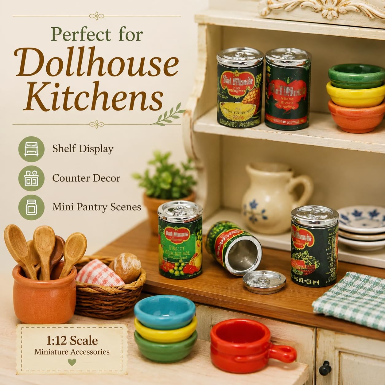 5Pcs Miniature Cans Dollhouse Kitchen Accessories, 1:12 Scale, Dollhouse Décor and Miniature Food