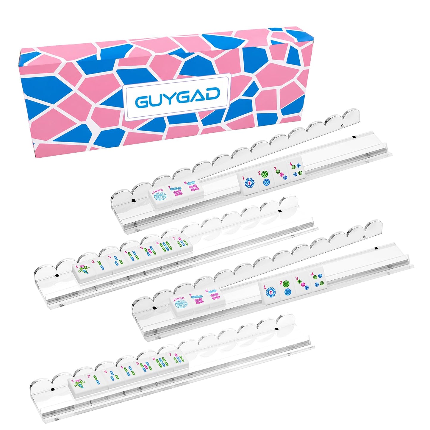 GUYGAD Luxury Mahjong Racks with Pushers Set of 4 - Premium 17.3" Clear Acrylic Holders, Built-in Magnetic Pusher, No Assembly, American Mahjong