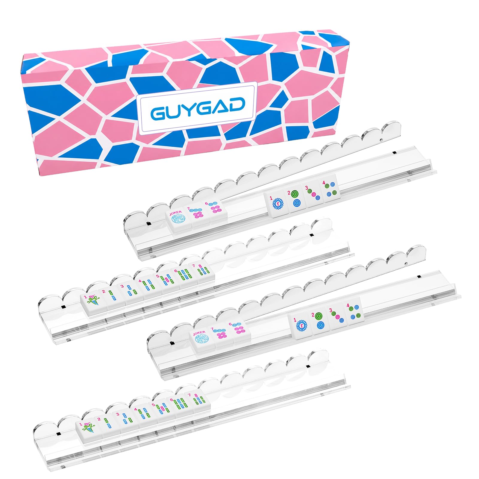 GUYGAD Luxury Mahjong Racks with Pushers Set of 4 - Premium 17.3" Clear Acrylic Holders, Built-in Magnetic Pusher, No Assembly, American Mahjong