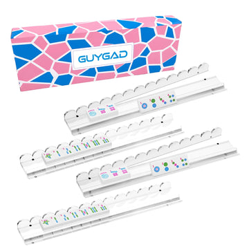 GUYGAD Luxury Mahjong Racks with Pushers Set of 4 - Premium 17.3" Clear Acrylic Holders, Built-in Magnetic Pusher, No Assembly, American Mahjong
