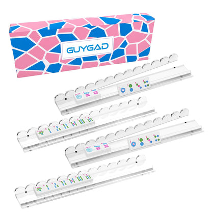 GUYGAD Luxury Mahjong Racks with Pushers Set of 4 - Premium 17.3" Clear Acrylic Holders, Built-in Magnetic Pusher, No Assembly, American Mahjong