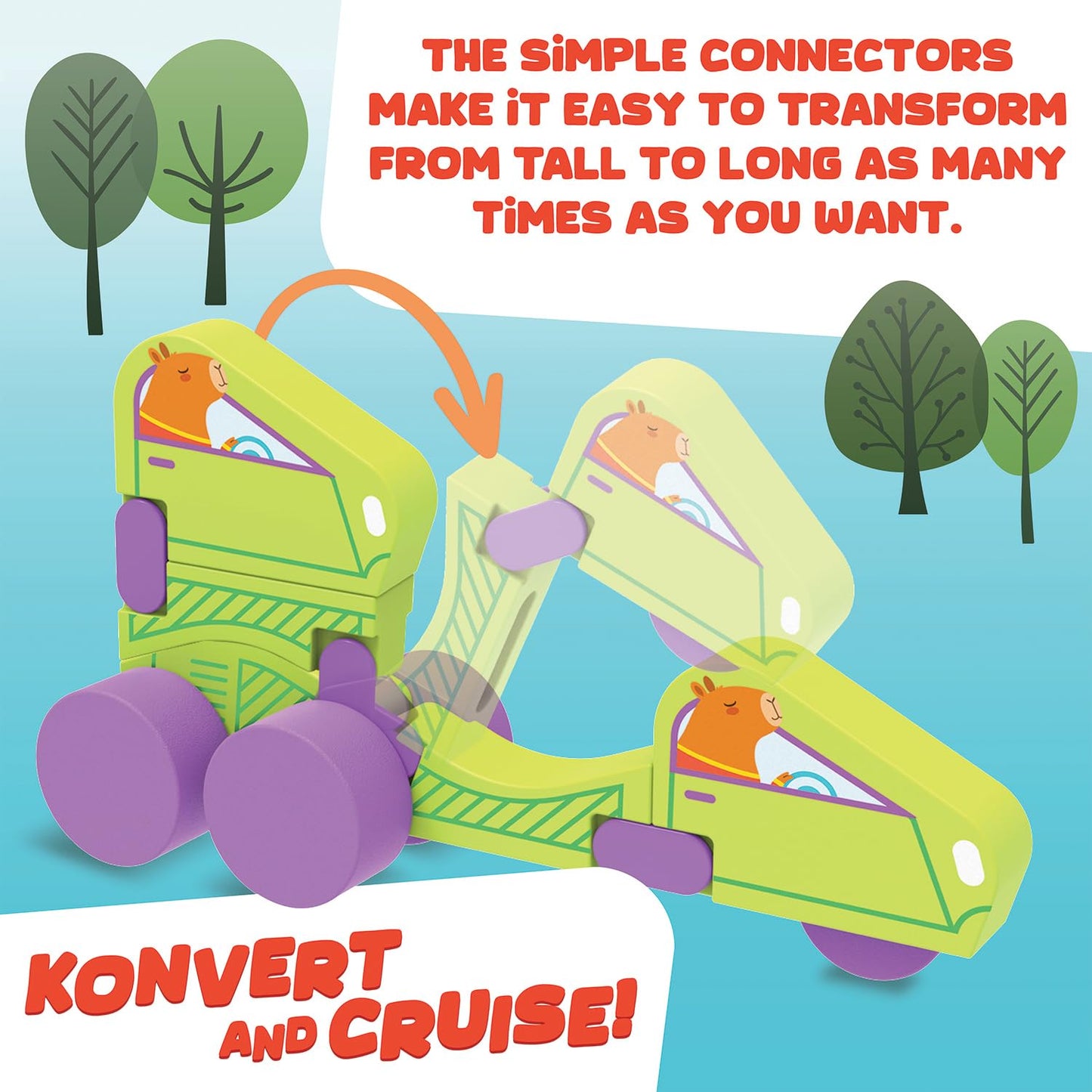 MindWare Konvertibles Transforming Wooden Trucks - 2?Piece Flip?&?Change Vehicle Set with Carry?Along Box that Becomes 3?D Road Scene, Toddler Toy