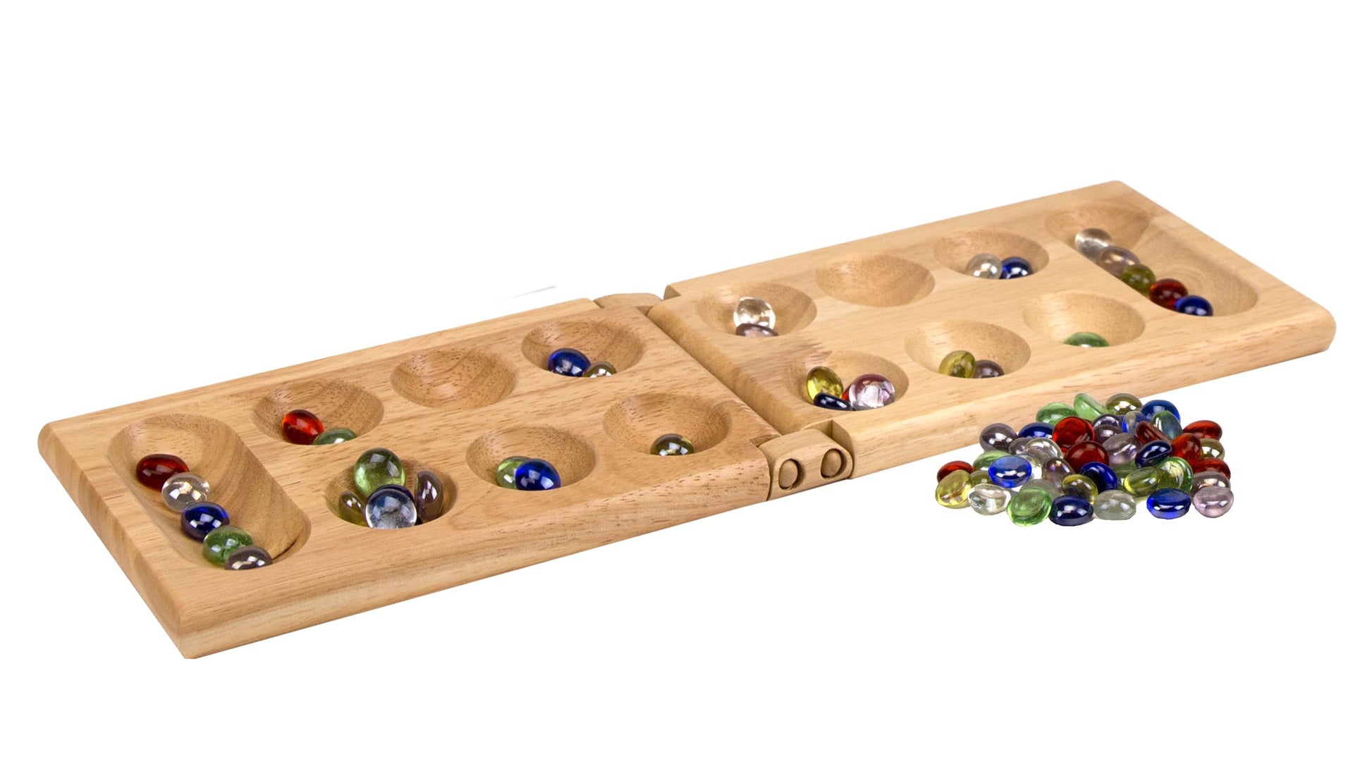 Pressman Mancala Board Game | Fun Classic Table for Adults & Kids | Includes 48 Glass Mancala Stones and Wood Hinged Playing Board | 2 Players, Ages