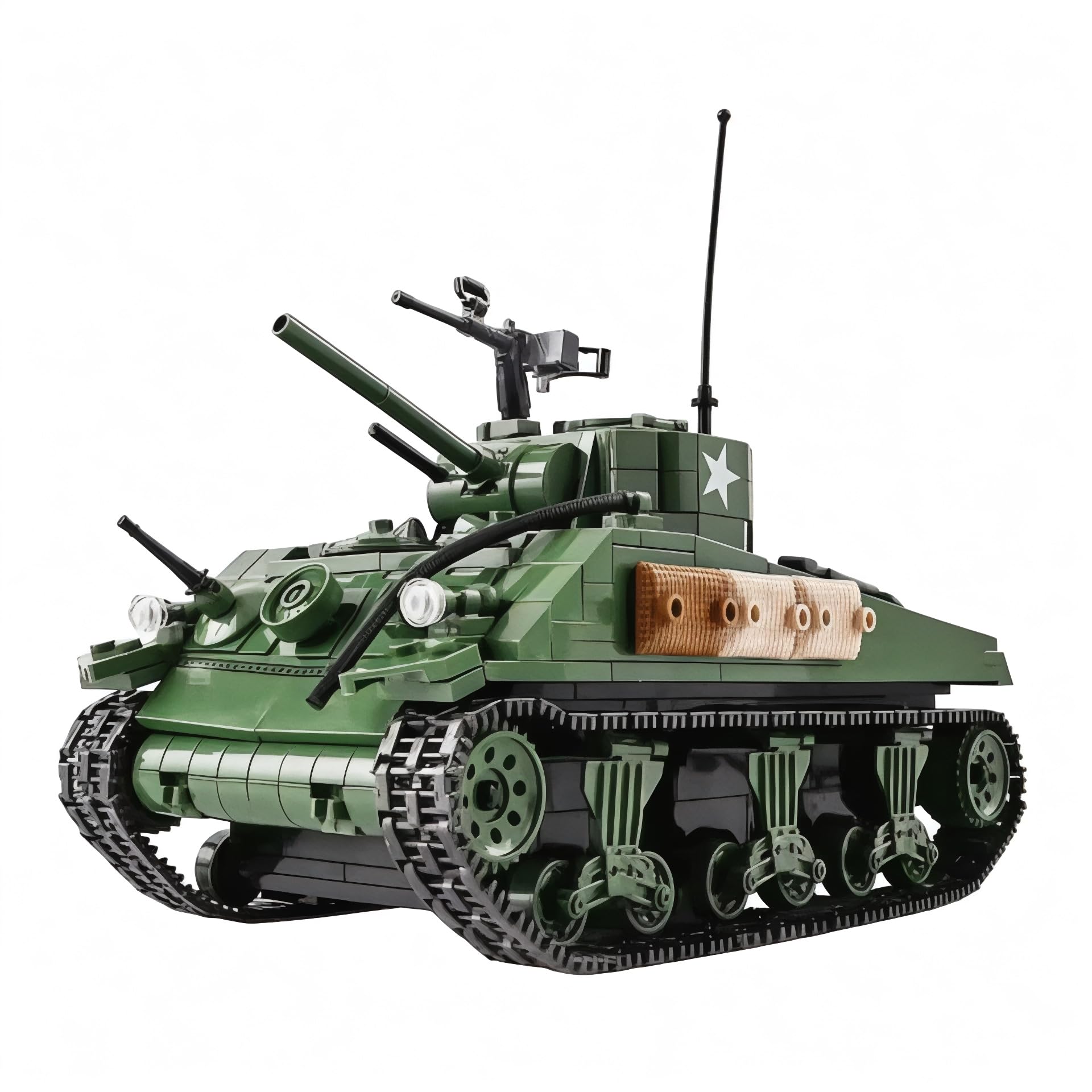 General Jim's WWII M4A1 Sherman Tank Brick Building Blocks Set, 726 Pieces, 1:29 Scale, Rotating Turret, Moving Tracks, Compatible with Major Brands